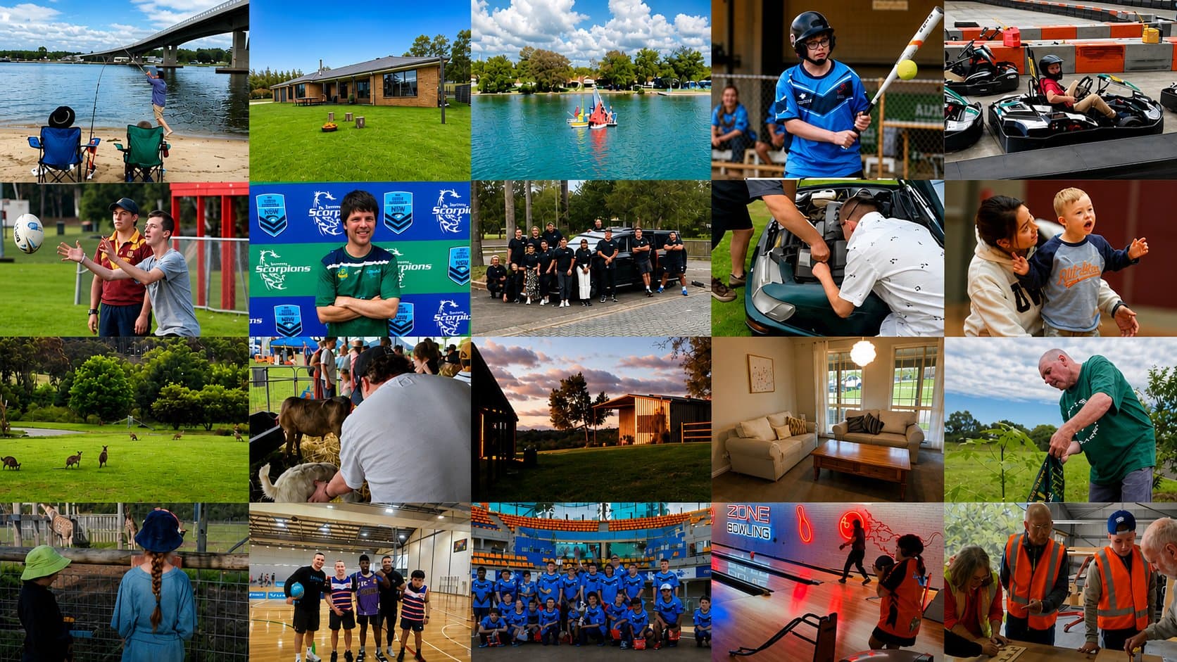 4titude participants in a collage of activities, fishing, sport, go-karting, NRL, woodworking, and more